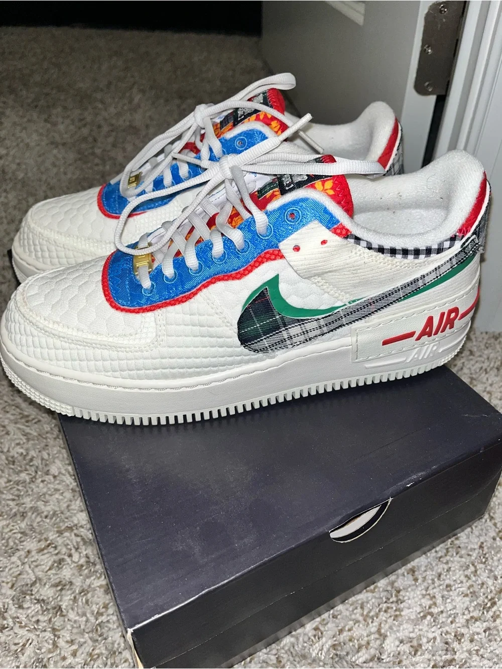Women Nike White Multicolor Plaid Swoosh Air Force Low